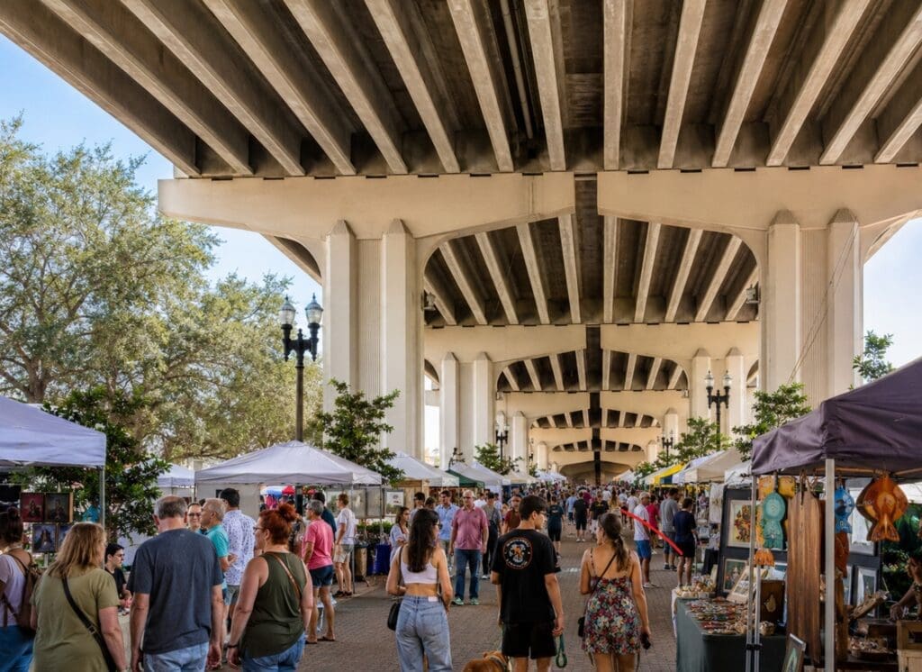 a high-quality original photo of Riverside Arts Market under the Fuller Warren Bridge