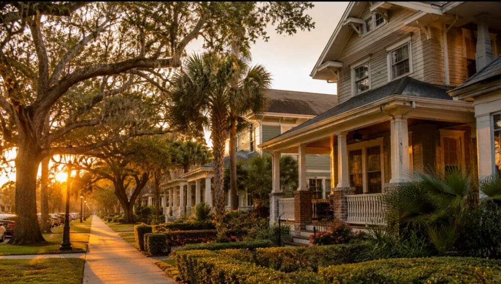 a high-quality, original photo of the Riverside neighborhood at sunset
