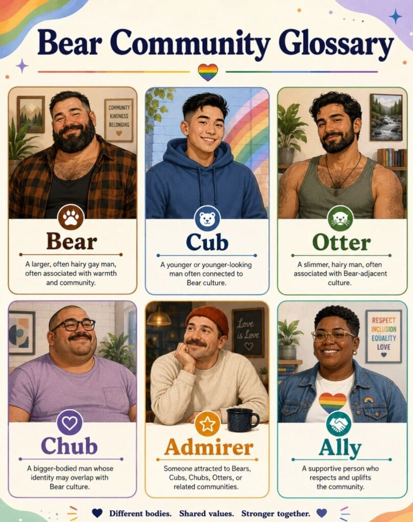 a illustrated glossary showing “Bear”, “Cub”, “Otter”, “Chub”, “Admirer” and “Ally” with inclusive, non-caricatured portraits