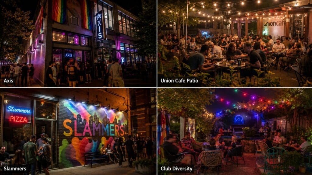 a nighttime photo series showing Axis, Union Cafe’s patio, Slammers, and Club Diversity