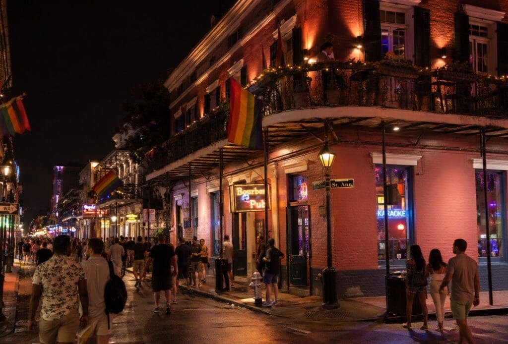 a nighttime street image showing the French Quarter’s LGBTQ+ nightlife around St. Ann and Bourbon Streets