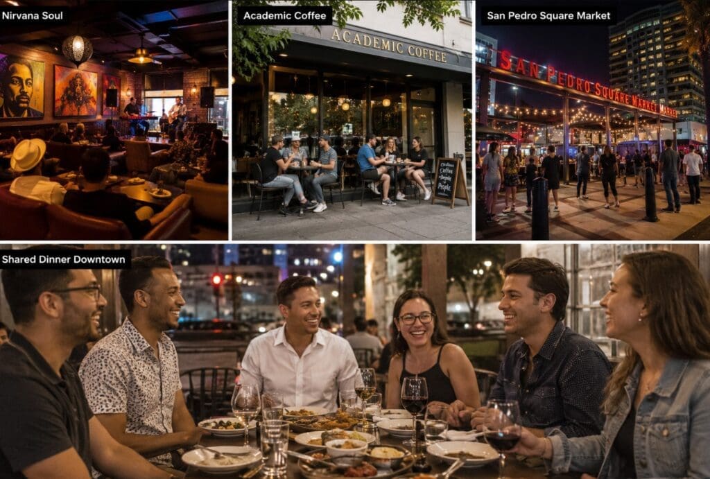 a photo essay showing Nirvana Soul, Academic Coffee, San Pedro Square Market, and a shared dinner Downtown