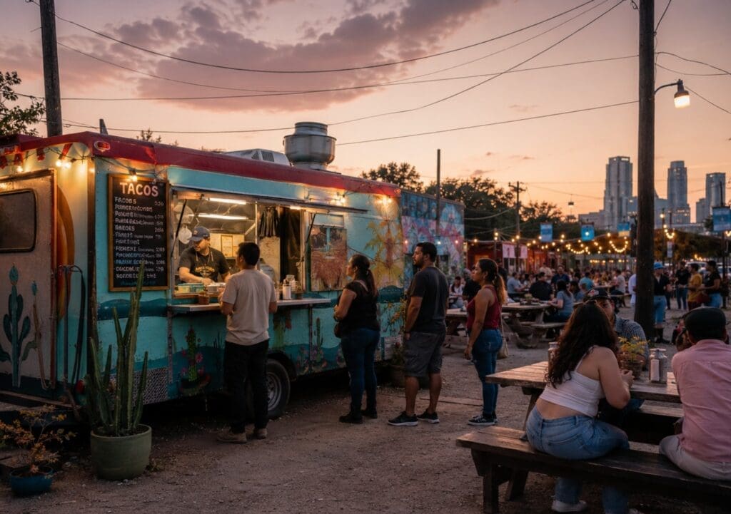 a photo showing a courtyard dinner, a taco truck, and a casual late-night East Austin patio