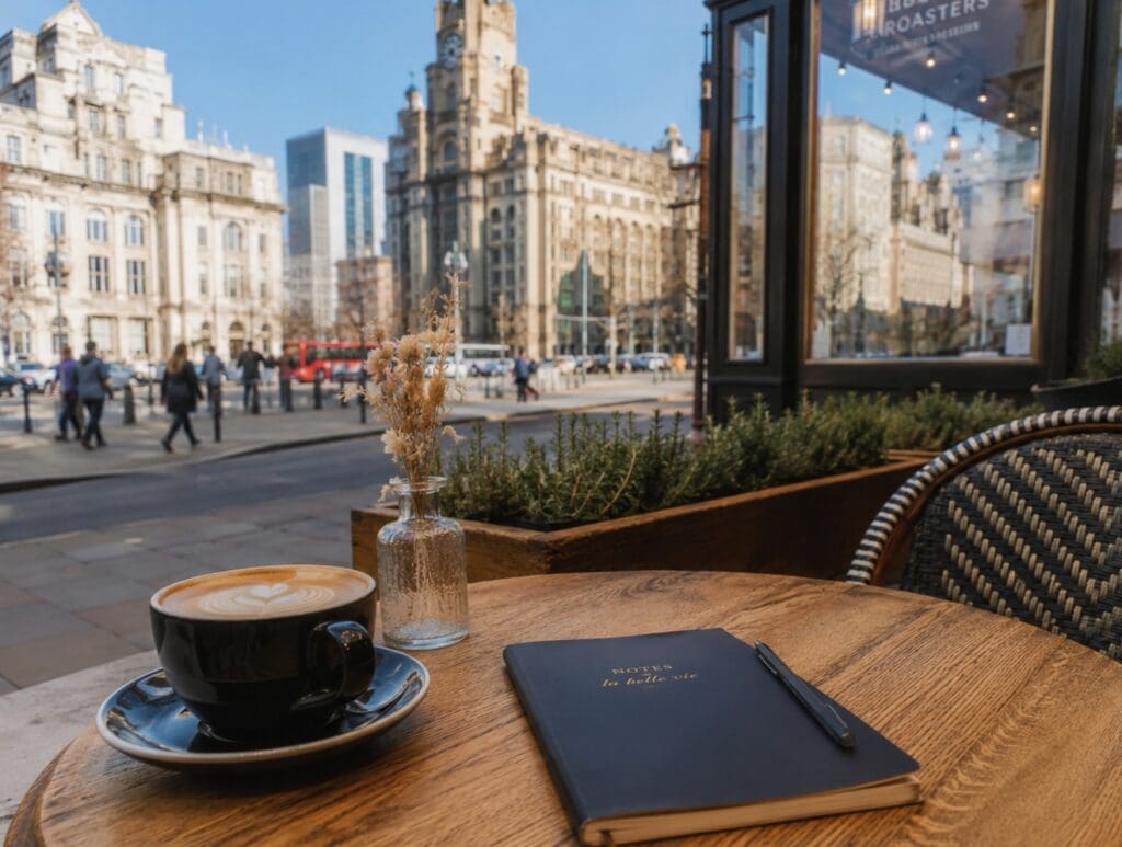 a photograph of a Liverpool café table with coffee, a notebook and city-centre architecture in the background
