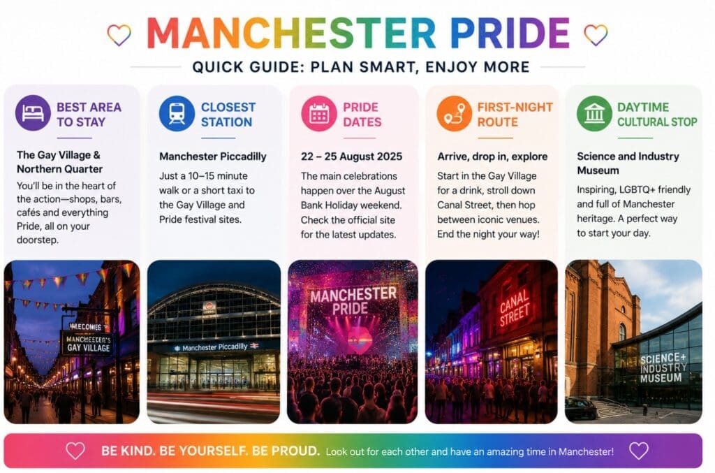 a quick visual box: “Best area to stay, closest station, Pride dates, first-night route, daytime cultural stop” (Manchester)