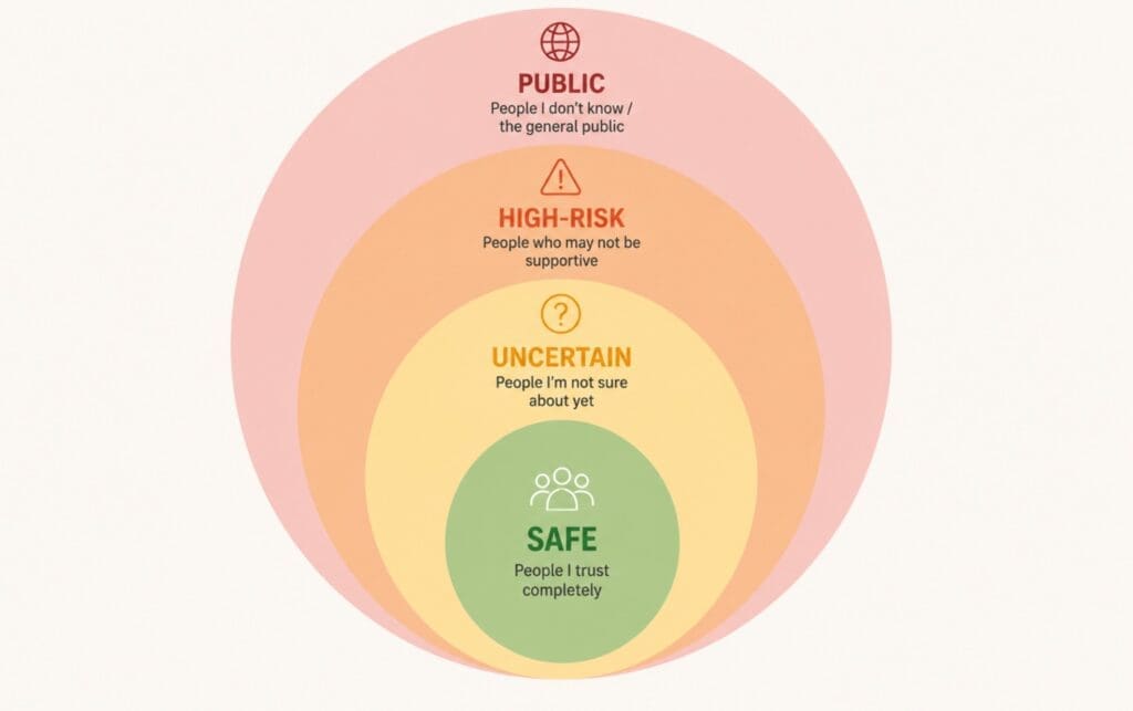 a simple graphic of concentric circles labeled “safe,” “uncertain,” “high-risk,” and “public”