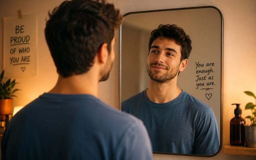 a soft illustration of a person looking in a mirror with a calm, hopeful expression