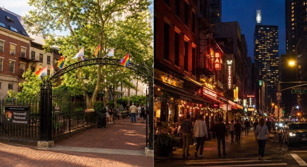 a split image: Stonewall National Monument in the West Village and a lively Hell’s Kitchen evening street scene