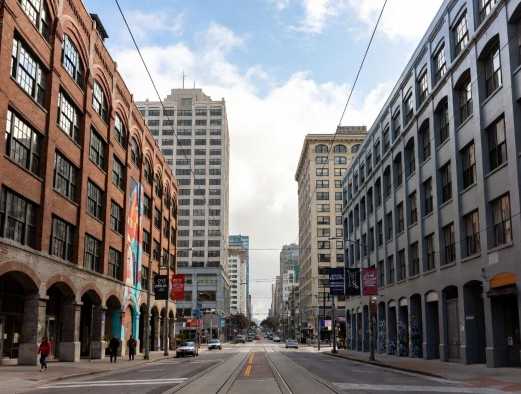 a streetscape photograph of Folsom Street showing historic warehouse architecture, cultural-district banners, murals, and pedestrians