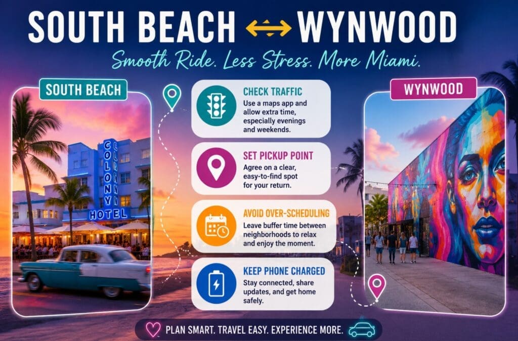 a transport graphic: “South Beach ↔ Wynwood: check traffic, set pickup point, avoid over-scheduling, keep phone charged”