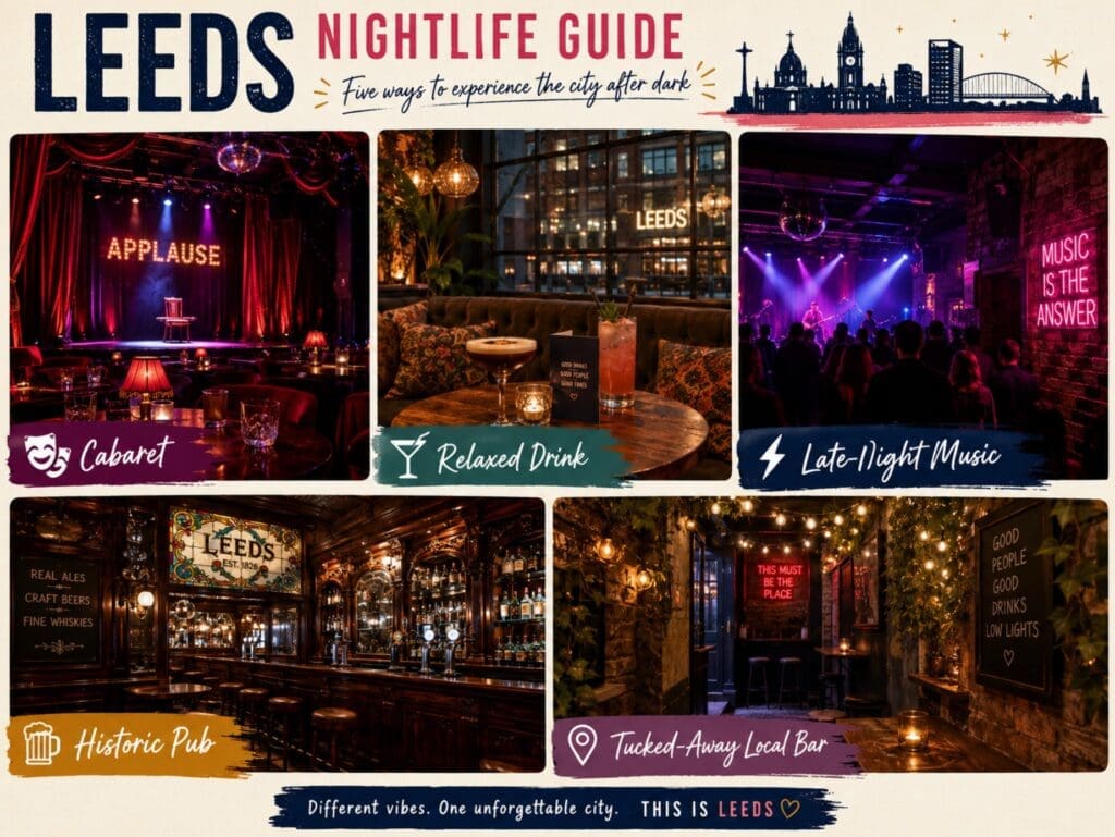a venue mood board: “cabaret, relaxed drink, late-night music, historic pub, tucked-away local bar” (Leeds)