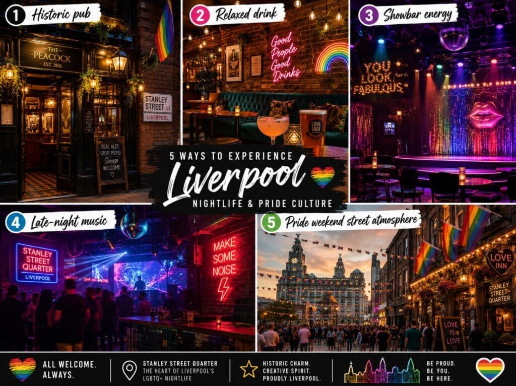 a venue mood board: “historic pub, relaxed drink, showbar energy, late-night music, Pride weekend street atmosphere” (Liverpool)