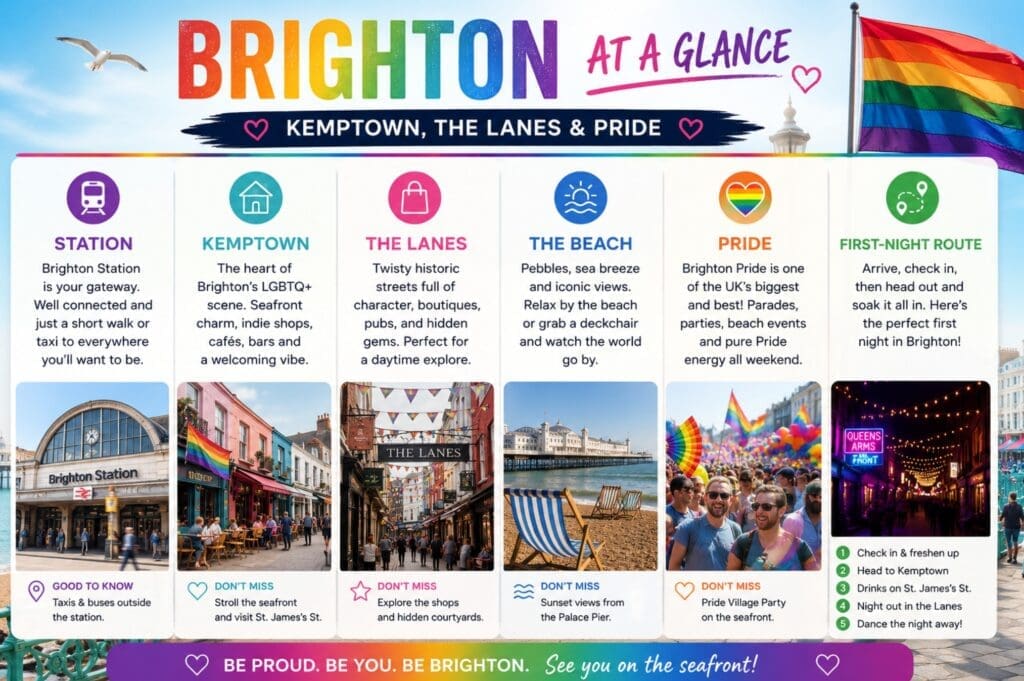 a visual “Brighton at a glance” box: station, Kemptown, The Lanes, beach, Pride, best first-night route