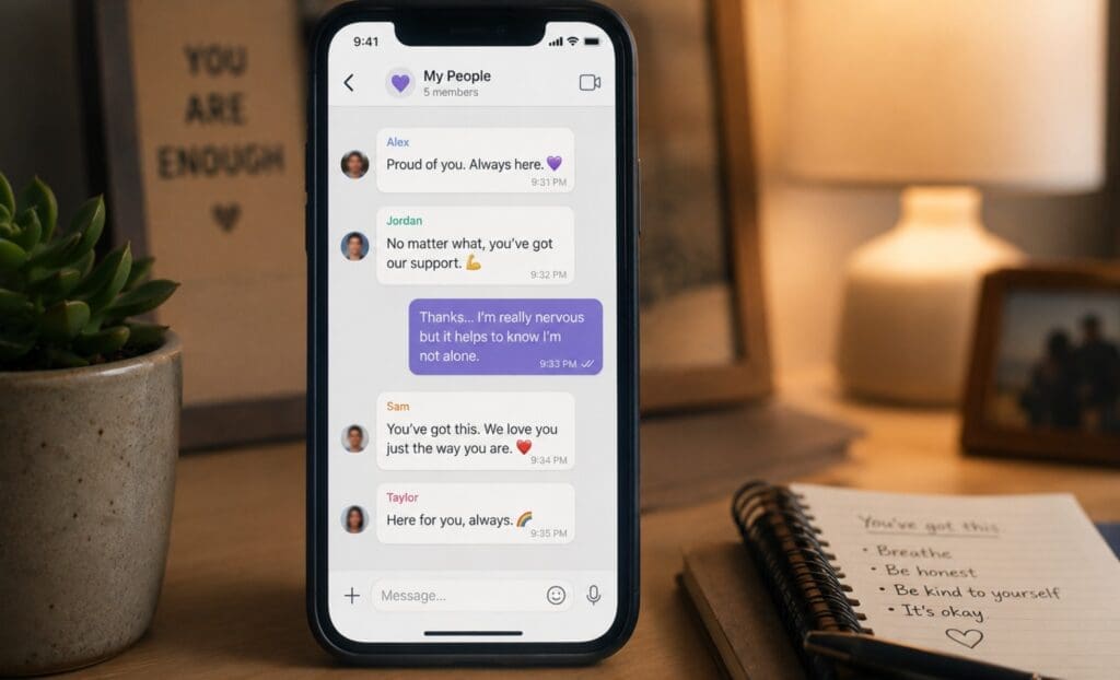 a visual of a phone screen with a blurred, supportive message thread