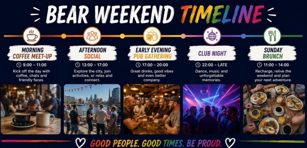 a visual timeline: “Morning coffee meet-up → afternoon social → early evening pub gathering → club night → Sunday brunch”