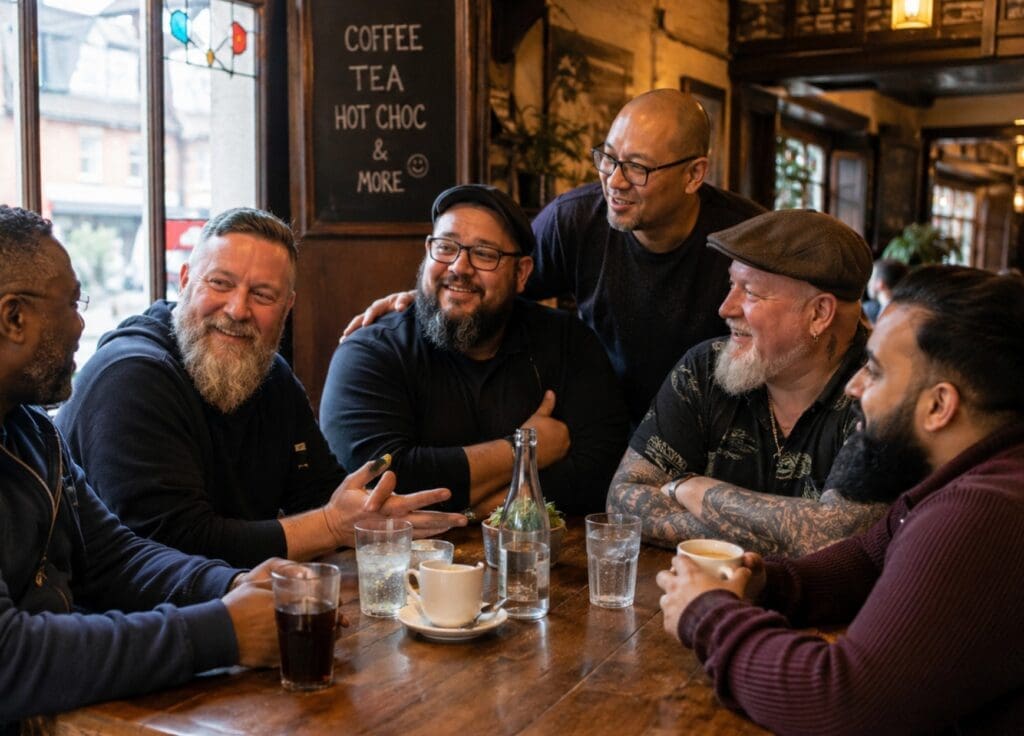a welcoming pub table with diverse Bear community members chatting, laughing and sharing soft drinks or coffee