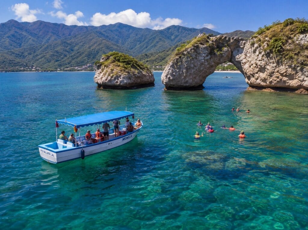 aerial photograph of a boat near Los Arcos, with swimmers wearing life jackets and the Sierra Madre in the background