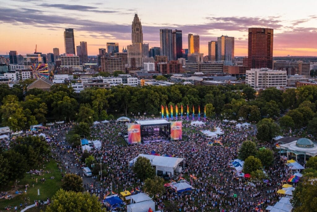 an aerial photograph of Stonewall Columbus Pride in Goodale Park, with the Short North skyline behind it