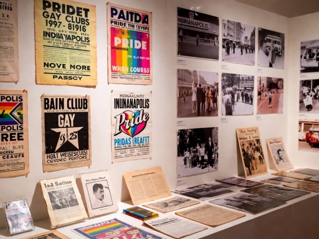an archival gallery featuring historic Indianapolis LGBTQ+ event flyers, Pride photographs, and community publications