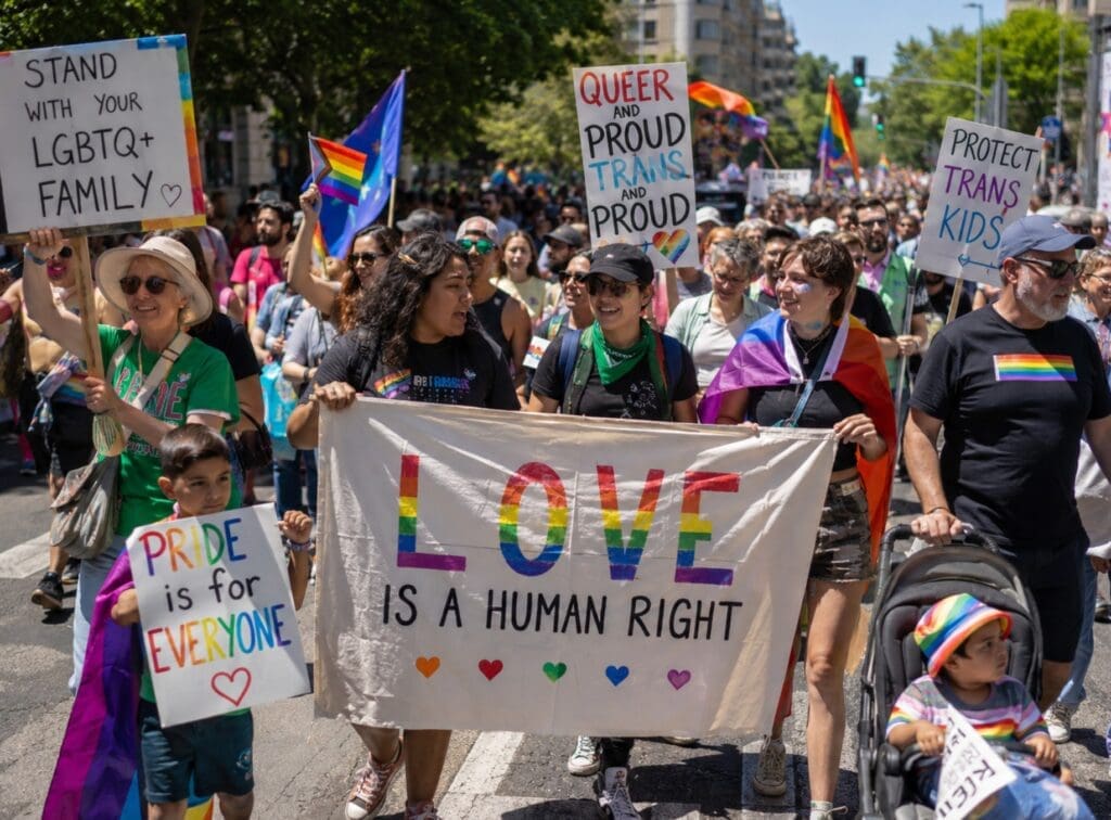 an authentic photograph of a Pride march showing families, elders, young adults, activists, and community organizations