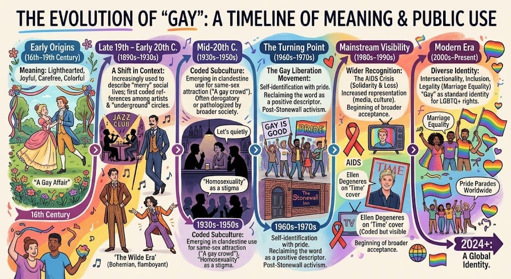 an illustrated timeline showing the changing meanings and public use of the word “gay”