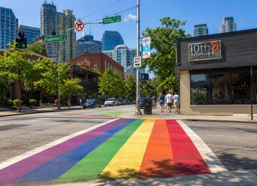 an image of the rainbow crosswalk at 10th Street and Piedmont Avenue with Midtown Atlanta in the background
