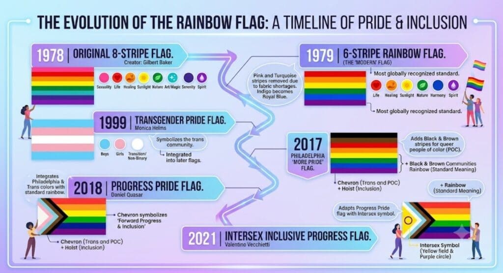 an infographic showing the evolution of the original rainbow flag and later inclusive Pride designs