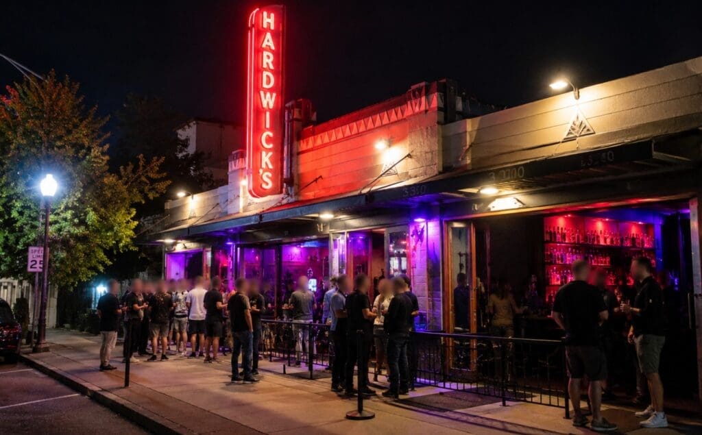 an original nightlife photo of Hardwicks Bar’s exterior or cocktail bar, with patrons anonymized