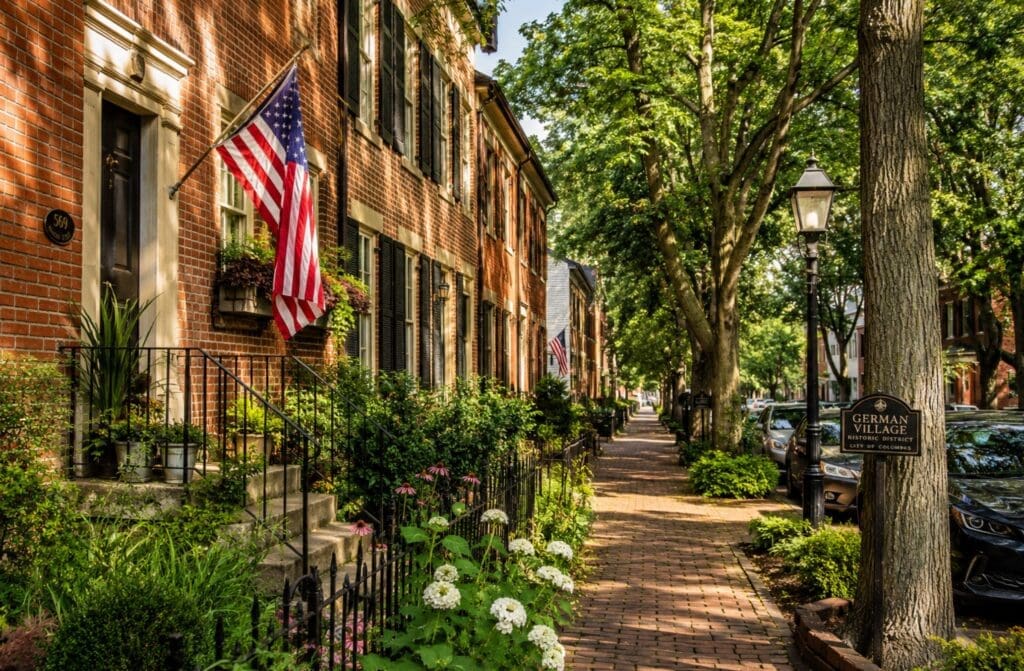 an original photo of brick sidewalks, restored homes, and mature trees in German Village (Columbus - Ohio)