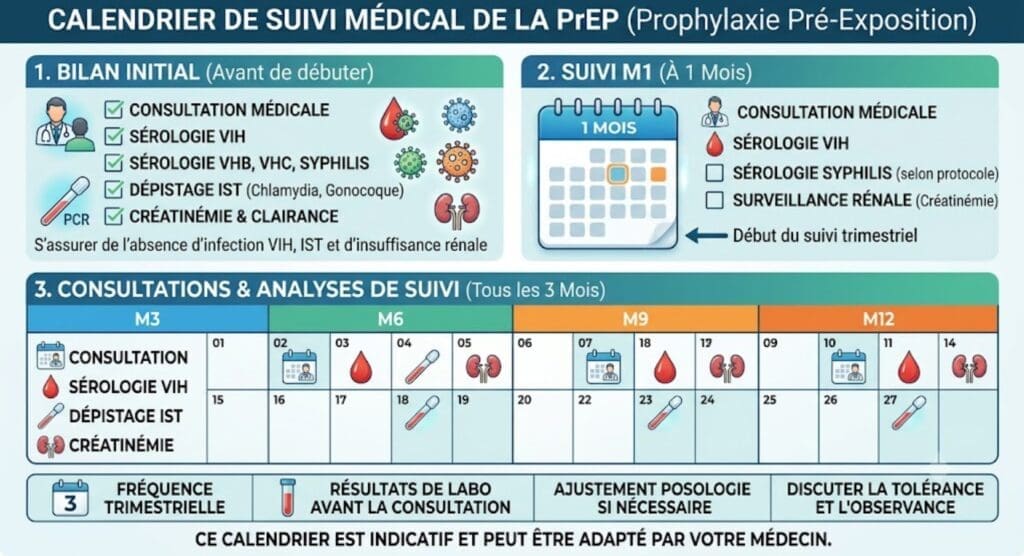 calendrier médical indiquant le bilan initial, M1, puis les consultations et analyses de suivi