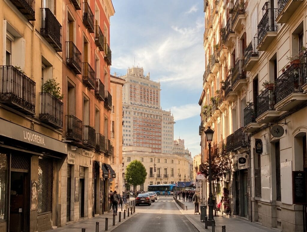 calle cercana a Noviciado o Plaza de España, con ambiente urbano de tarde