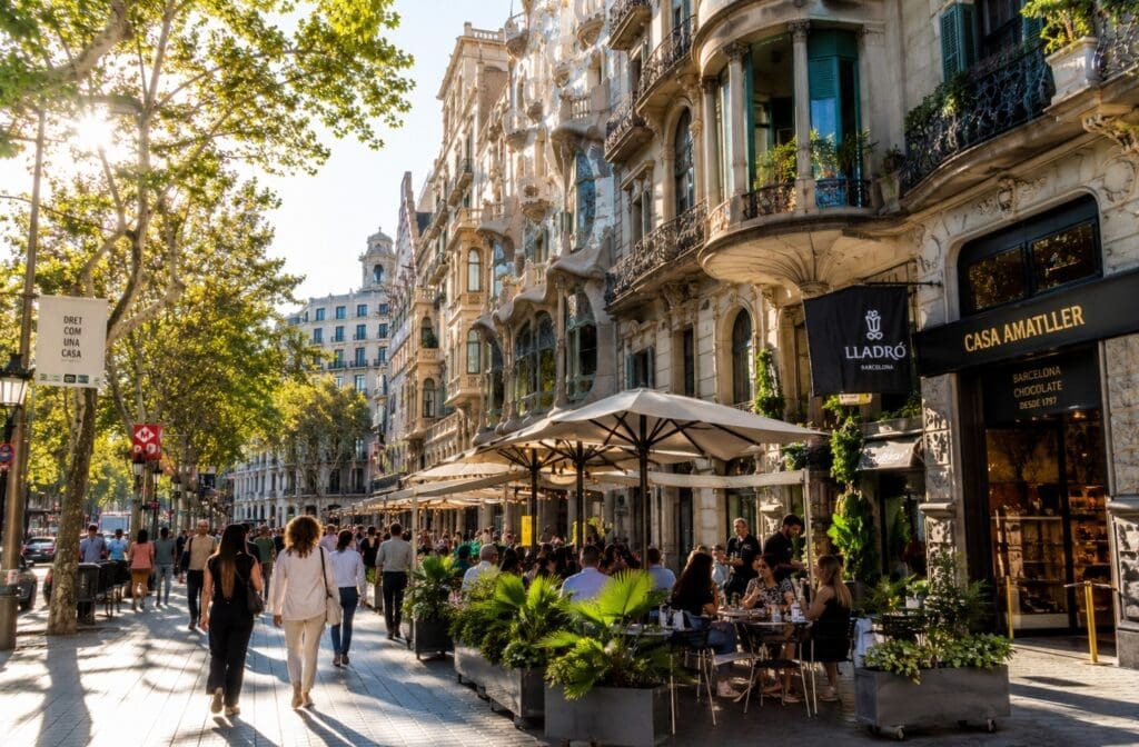 calles del Eixample, con fachadas modernistas, terrazas y ambiente urbano de tarde