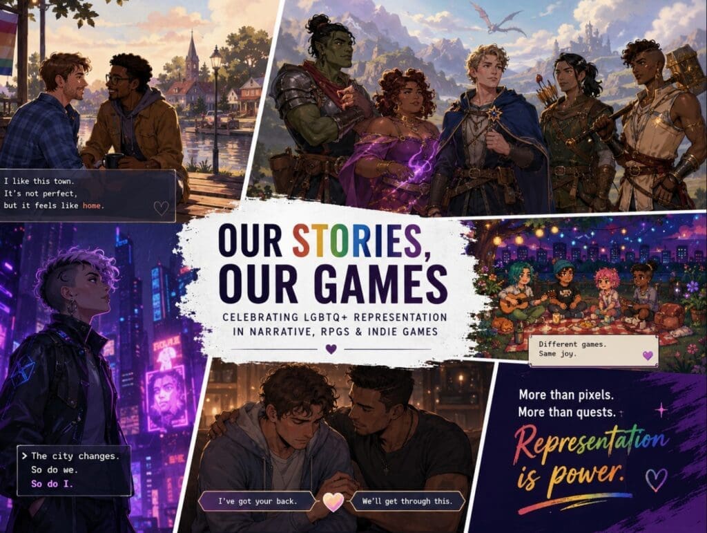 captures d’écran officielles de jeux narratifs, RPG et indés avec personnages LGBTQ+