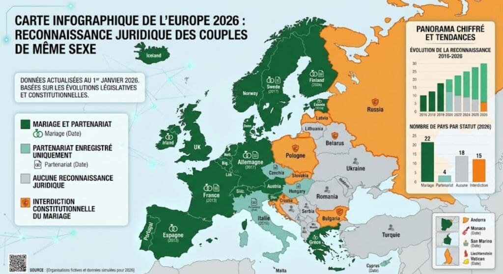 carte infographique actualisée de l’Europe montrant le mariage, les partenariats et l’absence de reconnaissance juridique en 2026