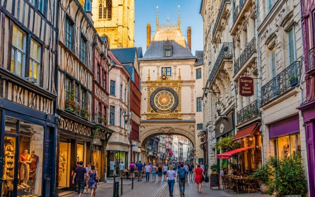 Gros-Horloge, avec une rue piétonne animée (Rouen)