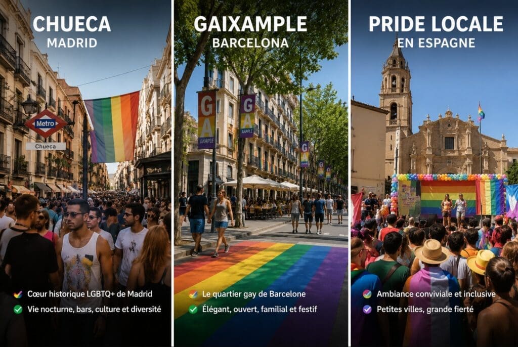 des photos comparant Chueca à Madrid, Gaixample à Barcelone et une Pride locale espagnole