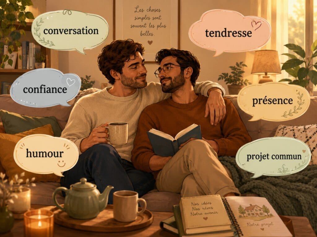 illustration douce : deux hommes sur un canapé, avec des bulles “conversation”, “tendresse”, “confiance”, “présence”, “humour”, “projet commun”