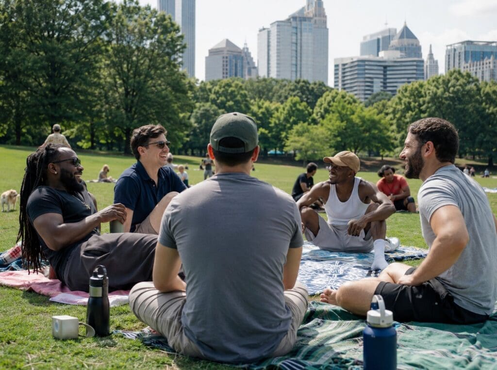 diverse men group of friends relaxing on the lawn in Piedmont Park, with picnic blankets, reusable water bottles, and the Midtown skyline in the distance.