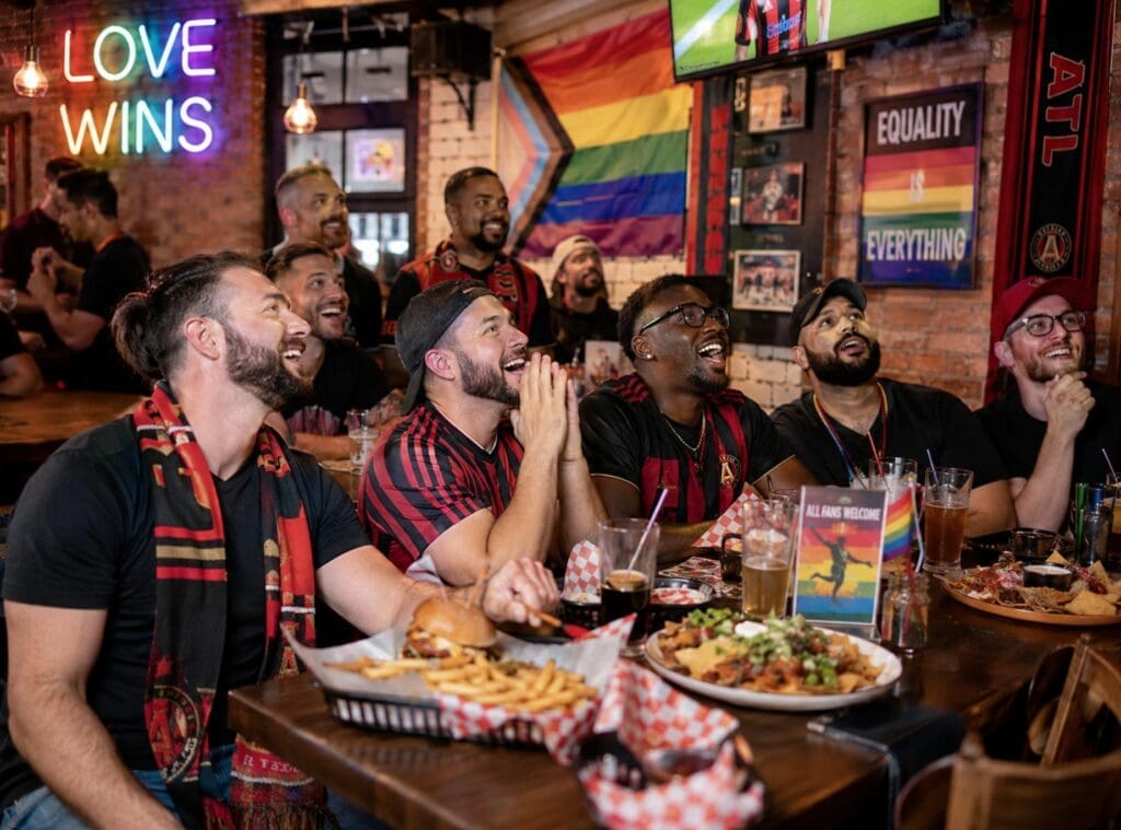 diverse men group watching an Atlanta sports game inside an LGBTQ+ sports bar, with food and team colors visible