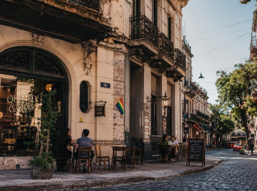 fotografía de San Telmo con mesas de café, fachadas antiguas y banderas discretas