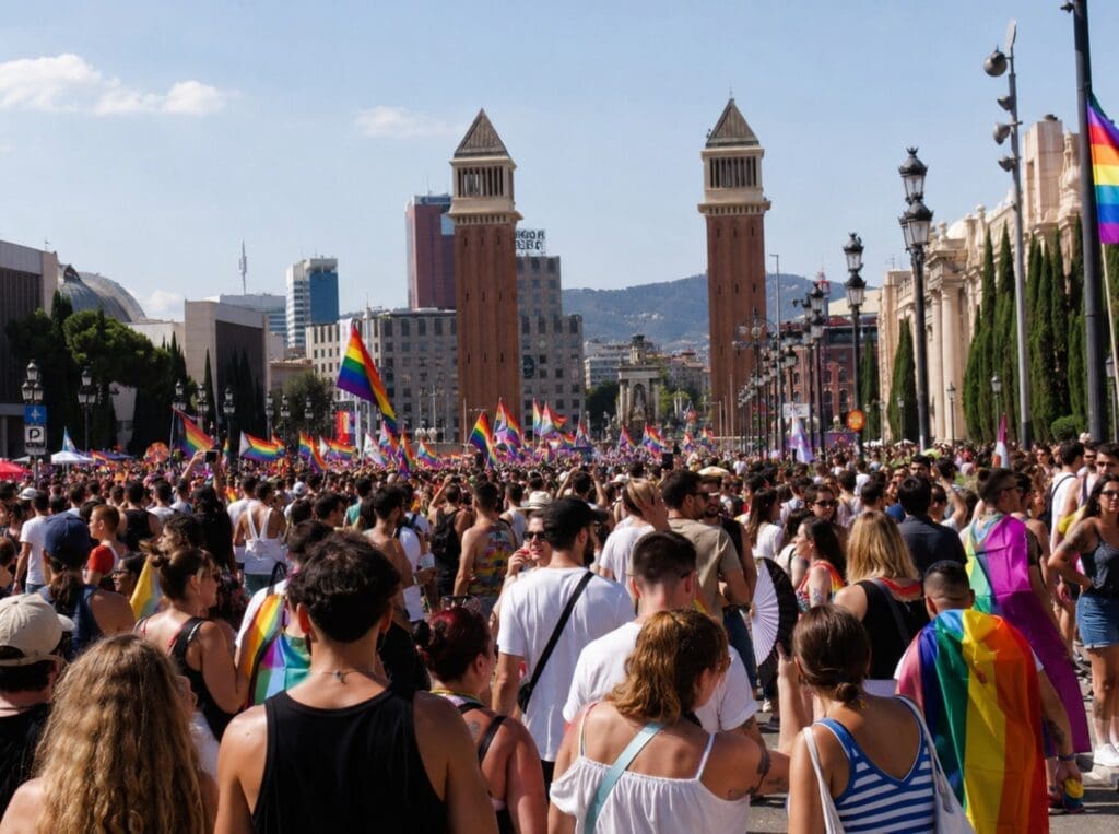 fotografía de alta calidad de la multitud festiva en Barcelona durante la Pride, con Plaza de España o el frente marítimo al fondo