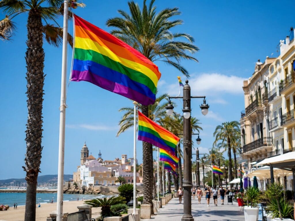 fotografía de banderas arcoíris en el Passeig de la Ribera durante el Pride (Sitges)