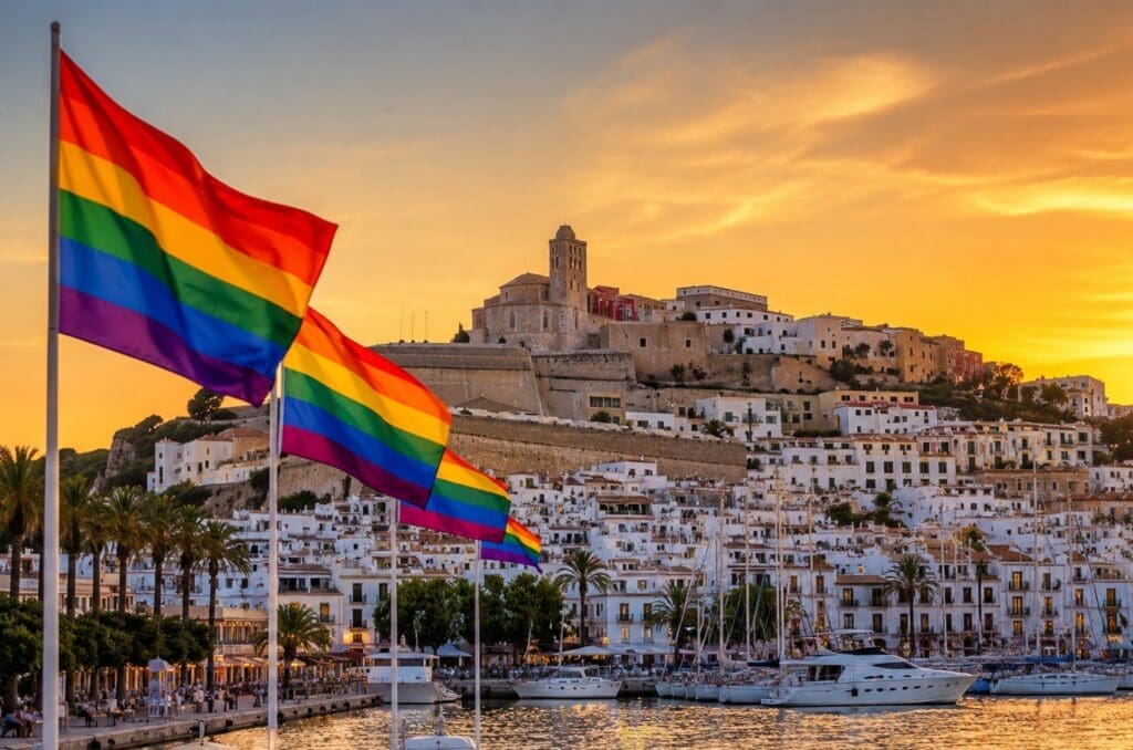 fotografía de banderas arcoíris ondeando frente a Dalt Vila al atardecer, con el puerto de Ibiza en primer plano