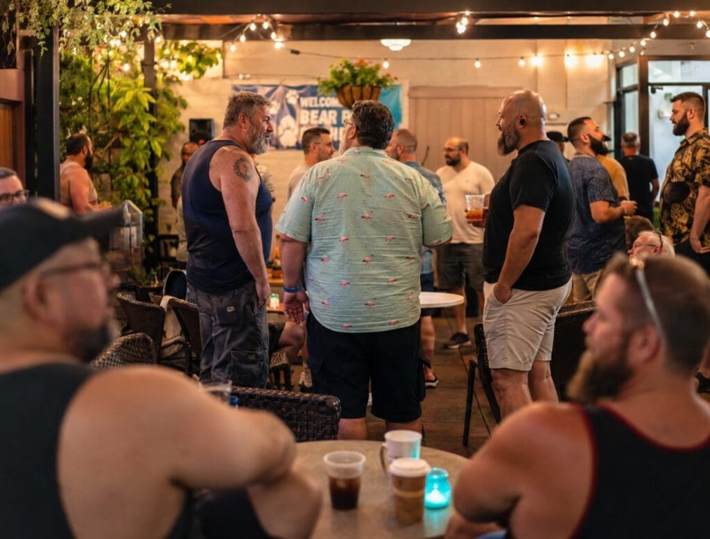 fotografía de un encuentro comunitario bear-friendly en un patio o salón