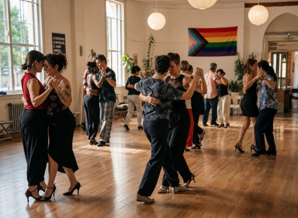 fotografía de una clase de tango queer, con parejas bailando en un salón luminoso