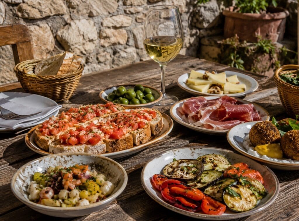 fotografía de una mesa mediterránea con tapas, pan con tomate y copa de malvasía