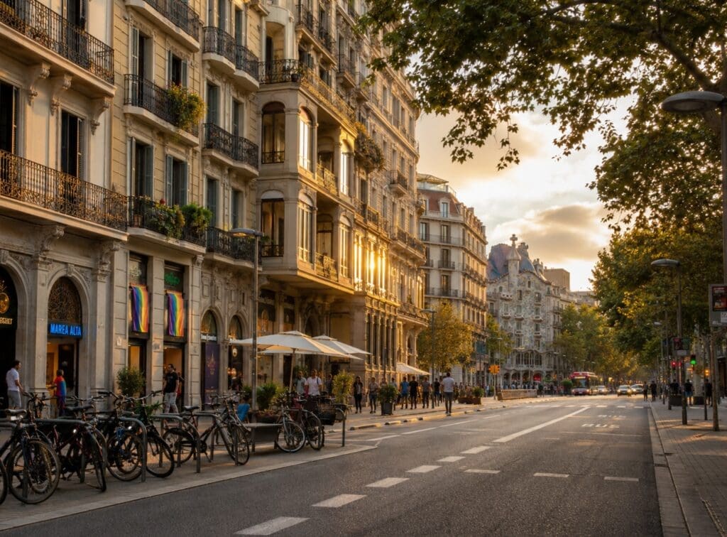 fotografía del Eixample de Barcelona al atardecer, con fachadas modernistas, bicicletas y banderas LGTBIQ+ en los comercios