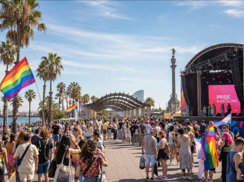 fotografía luminosa del Moll de la Fusta con escenario Pride, mar, banderas y público diverso