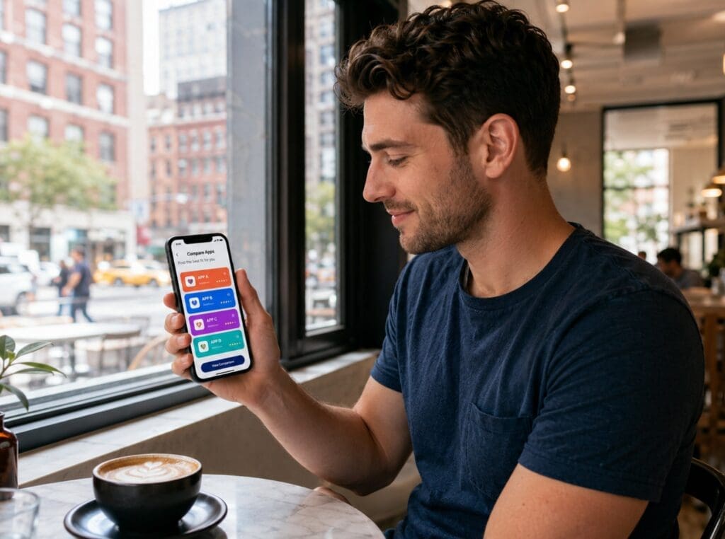 gay man comparing dating apps on his phone in a bright New York coffee shop