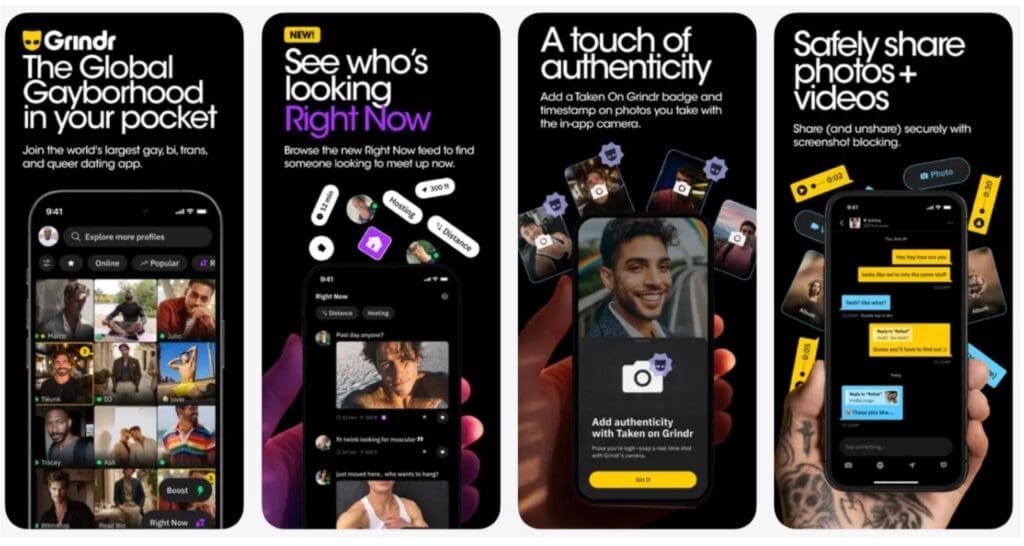 Interface de l'application Grindr sur iPhone — grille géolocalisée et filtres